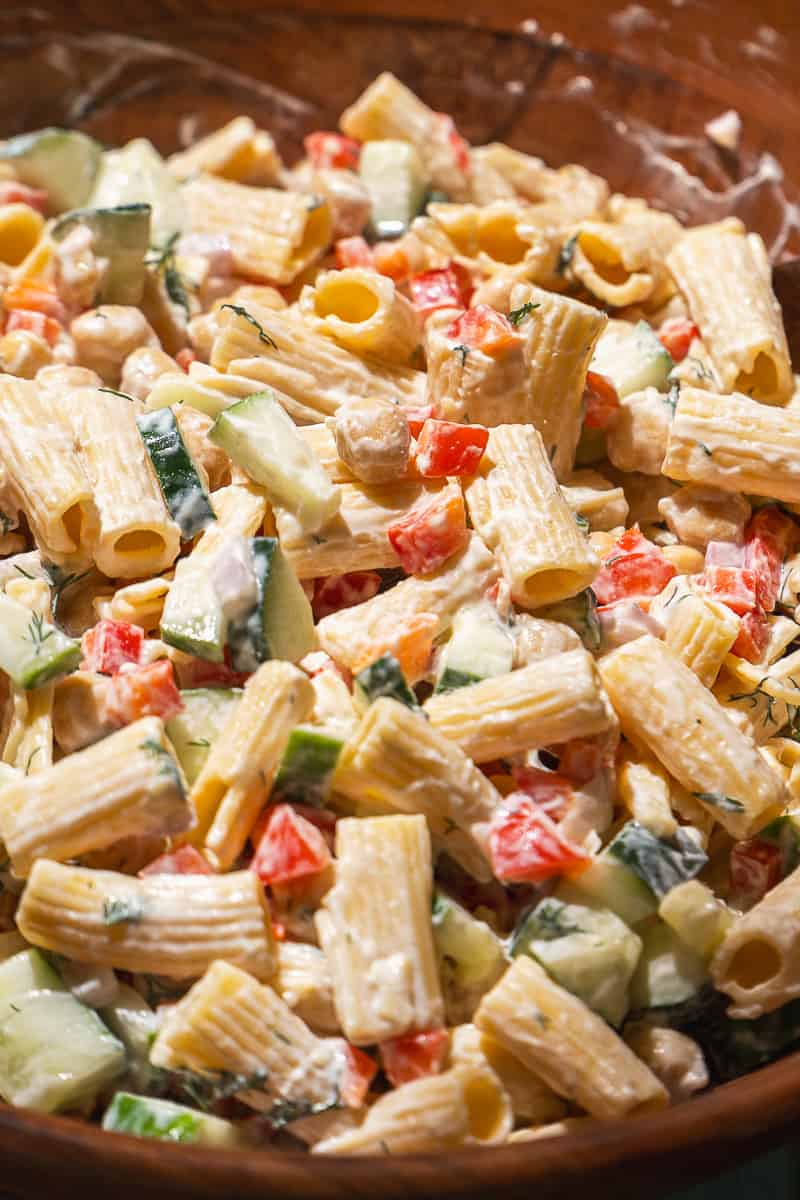 Chickpea pasta salad with peppers and cucumbers.