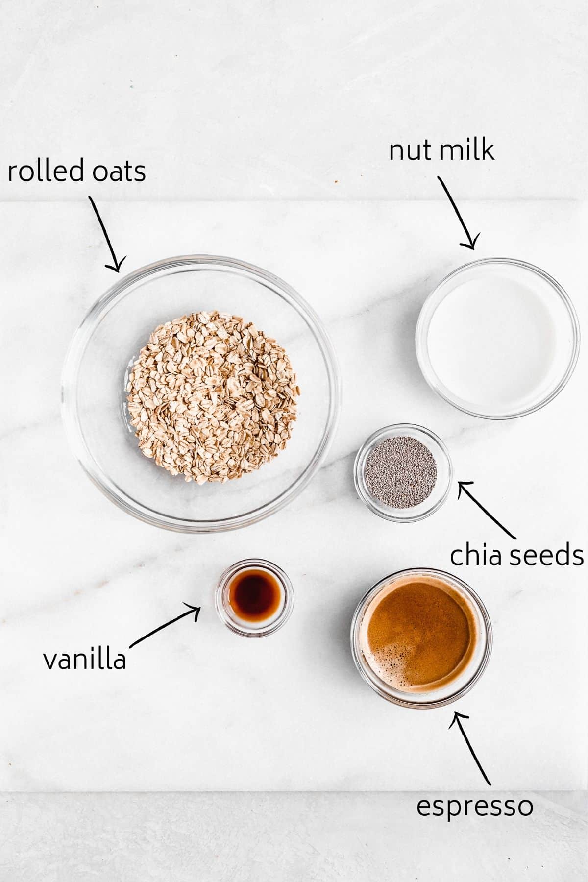 Overhead photo of the ingredients used in making this recipe for Rich and Creamy Cappuccino Overnight Oats.