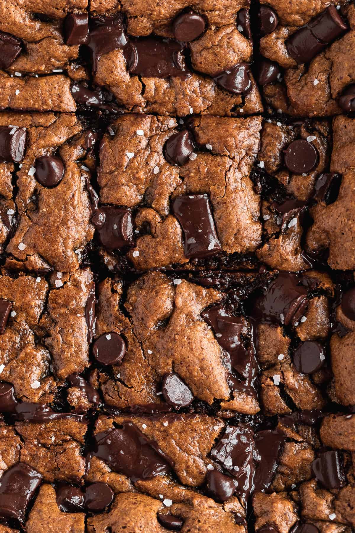 Zoomed in photo of a batch of Gluten-free Almond Butter Blondies that are still in the baking dish, but which have been cut into squares but not removed yet.  