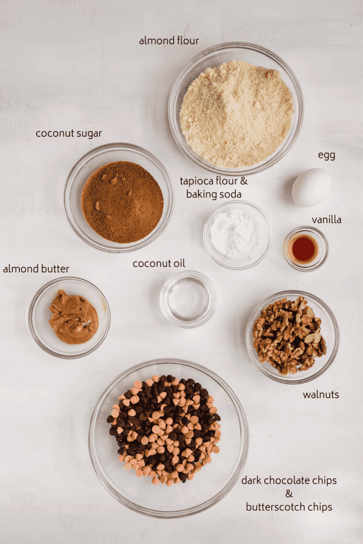 Photograph of ingredients included in this recipe for Butterscotch Walnut Dark Chocolate Chip Cookies.  