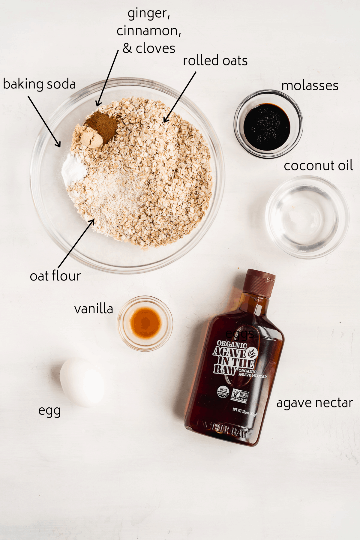 Photo of ingredients included in this recipe for White Chocolate Dipped Oatmeal Gingerbread Cookies. 