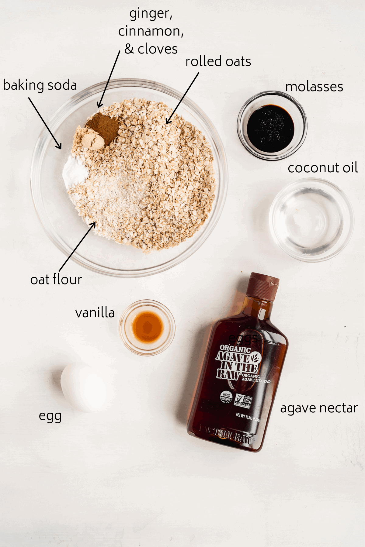 Photo of ingredients included in this recipe for White Chocolate Dipped Oatmeal Gingerbread Cookies. 