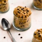 Edible cookie dough in a glass jar.