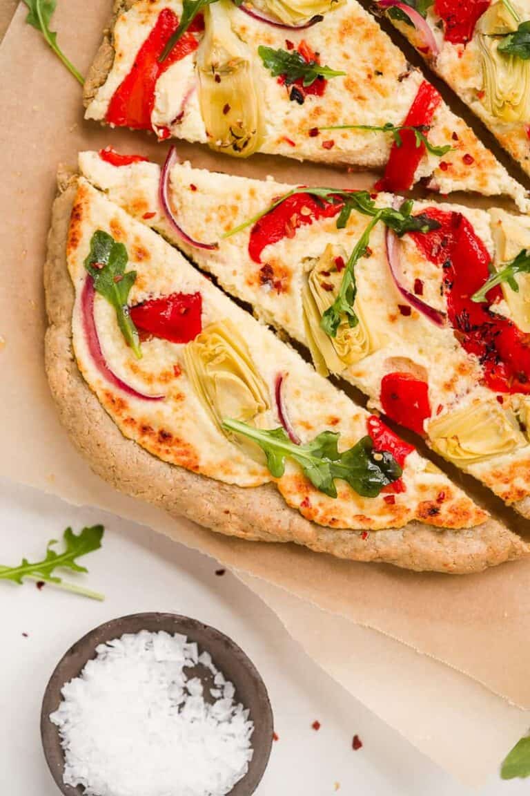 Roasted Red Pepper Whipped Feta Pizza with an Oat Flour Crust