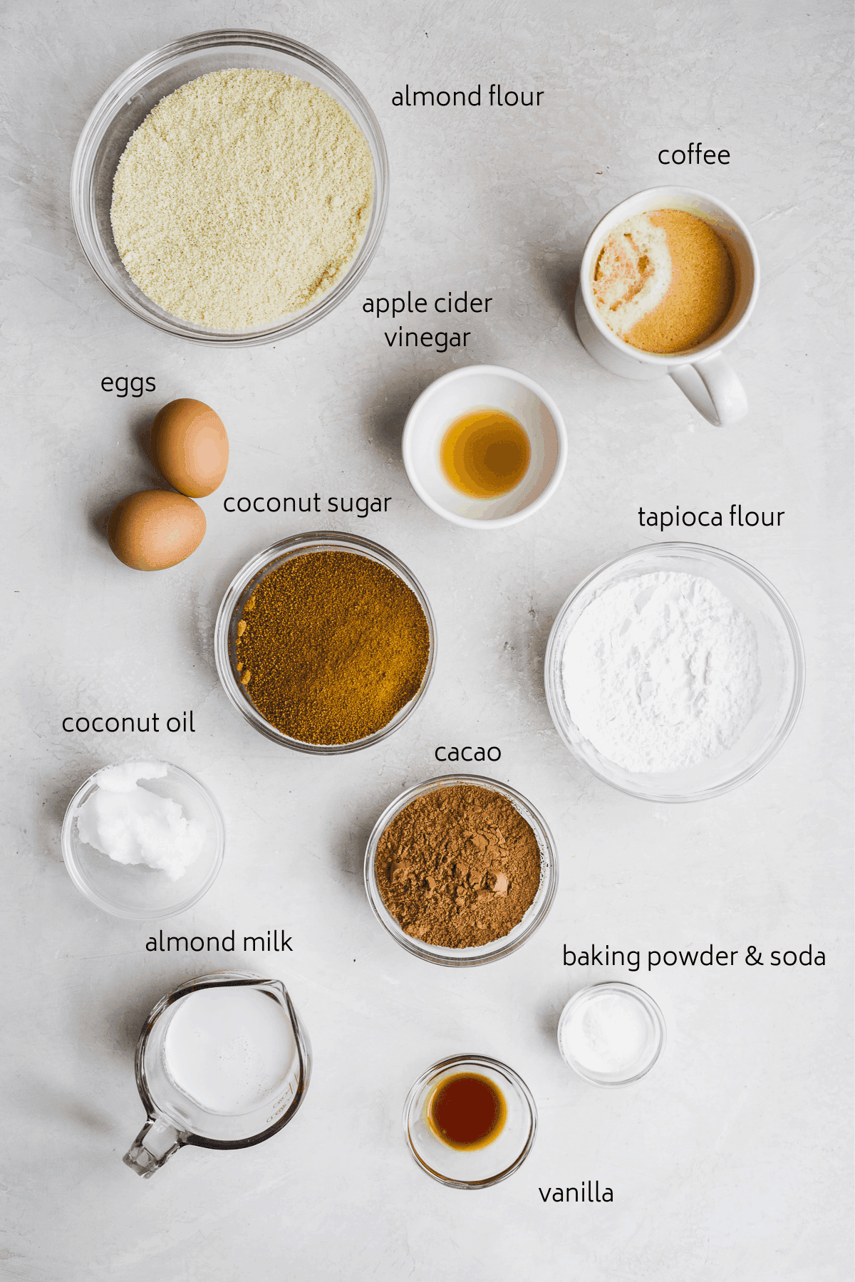 Image of cupcake ingredients with labels on a white surface.