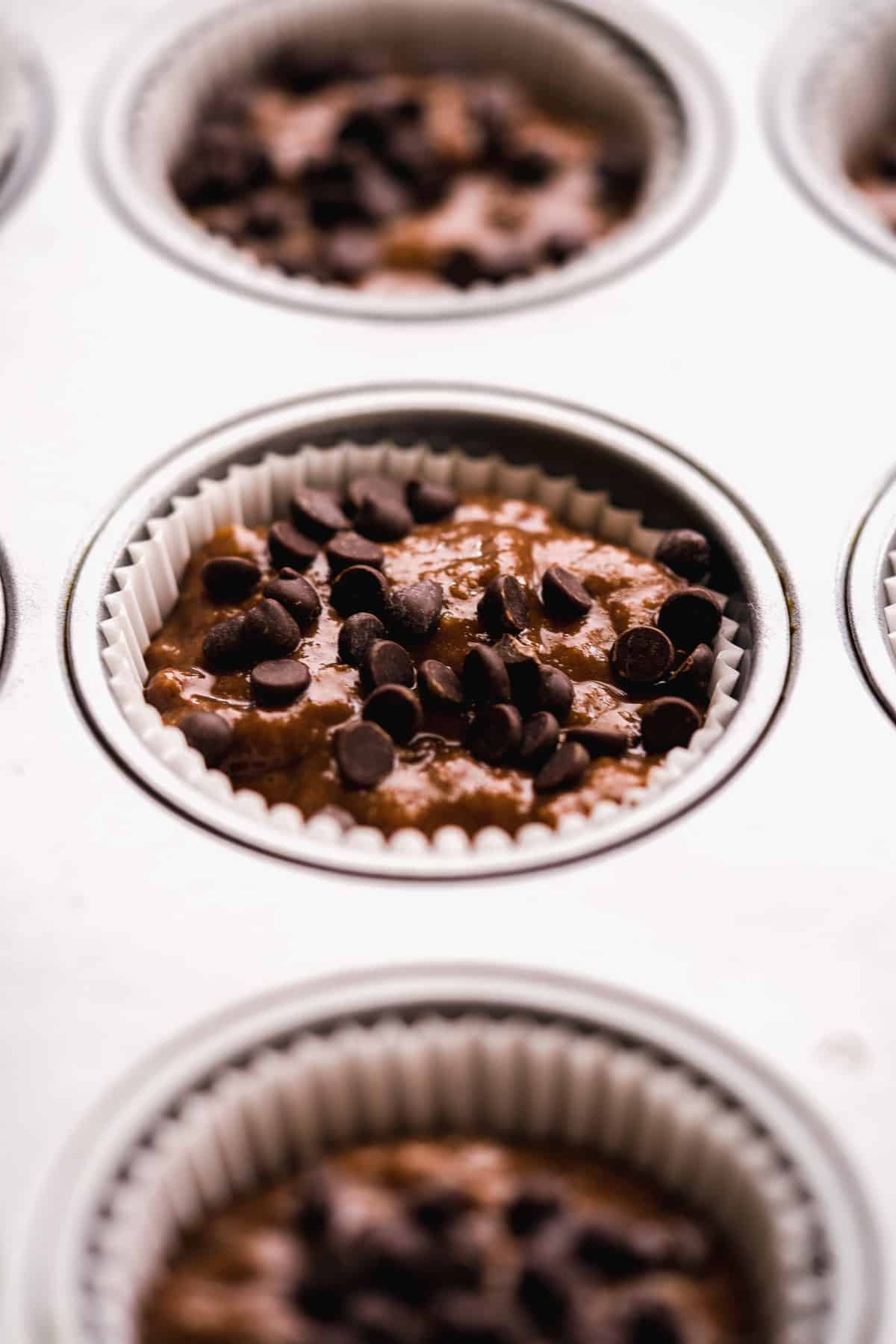 Muffin pan with a liners filled with chocolate muffin batter and chocolate chips.