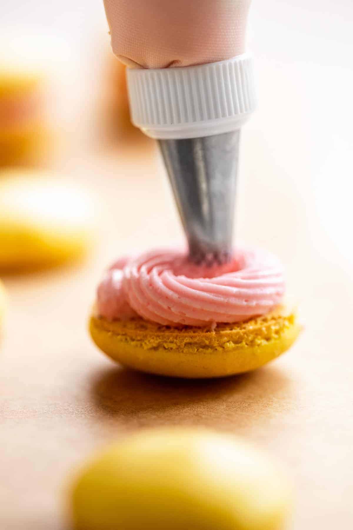 Pipping bag making a swirl of pink icing on top of a lemonade macaron