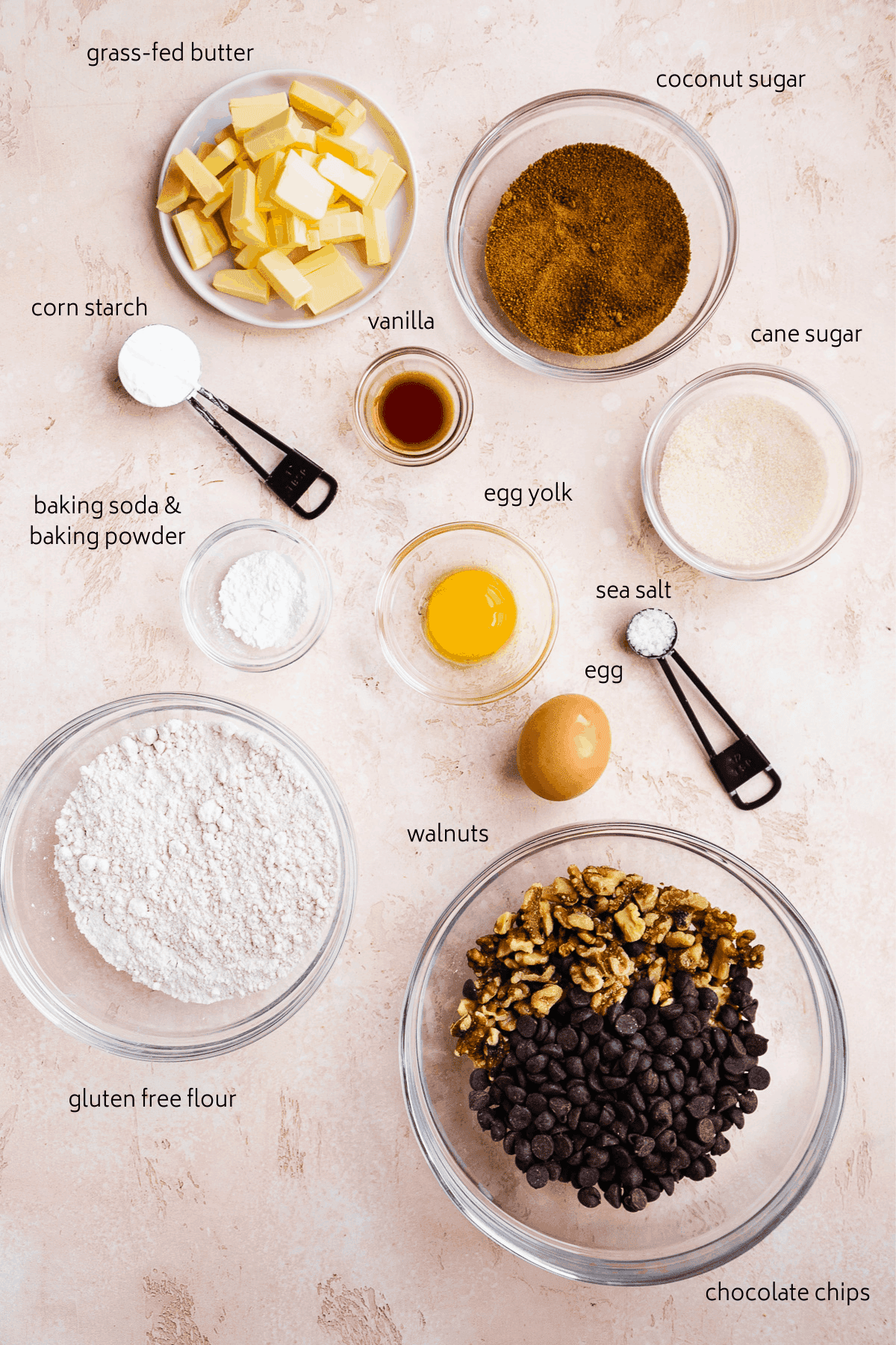 Image of gluten free copycat Levain cookies ingredients with black labels.