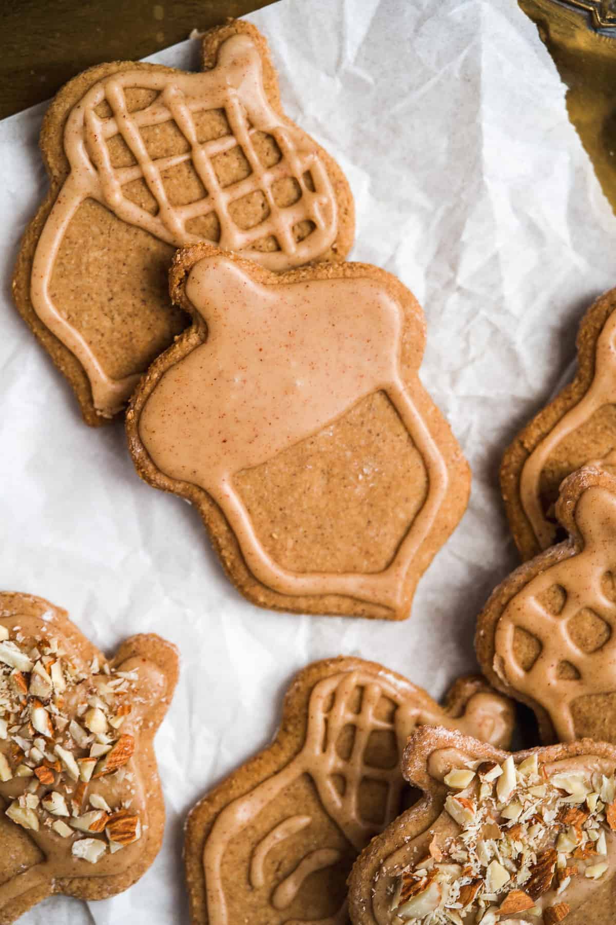 Close up photo of two almond flour peanut butter cookies.