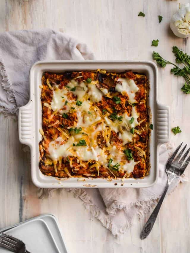 Turkey Lasagna in a white casserole dish.