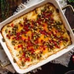 Rectangular baking dish with baked ricotta.