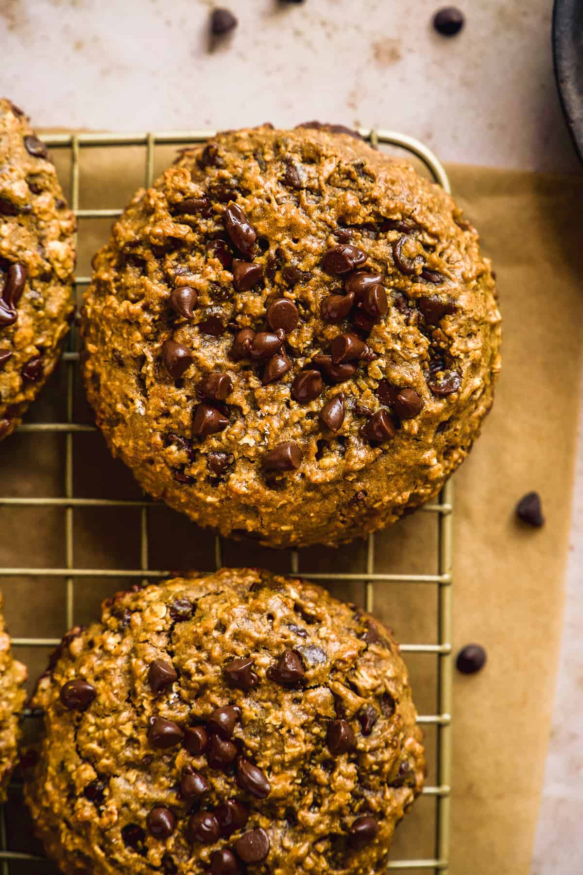 Baked pumpkin gluten free cookie on  wire rack with chocolate chips on top.