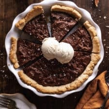 Gluten free chocolate pie with ice cream in the middle.