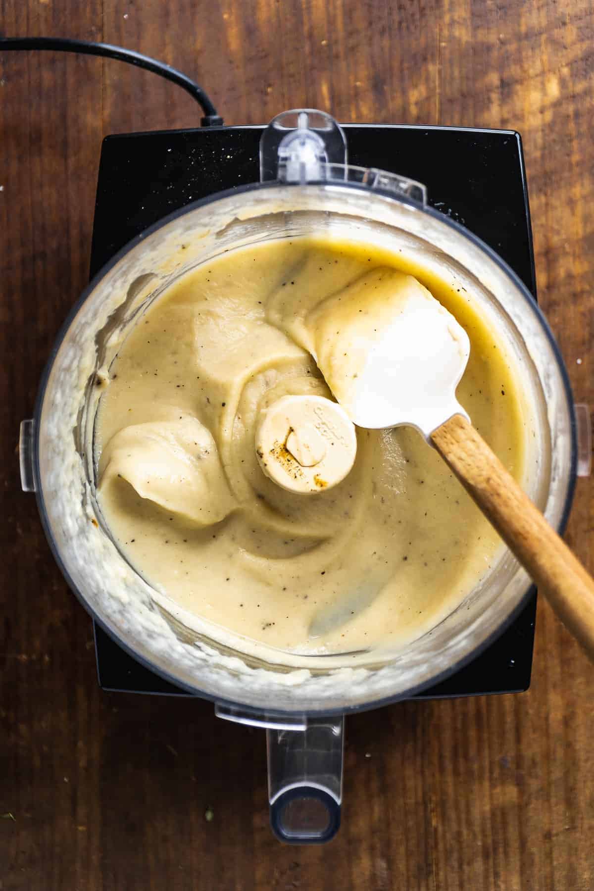 Blended cauliflower mash in a food processor.