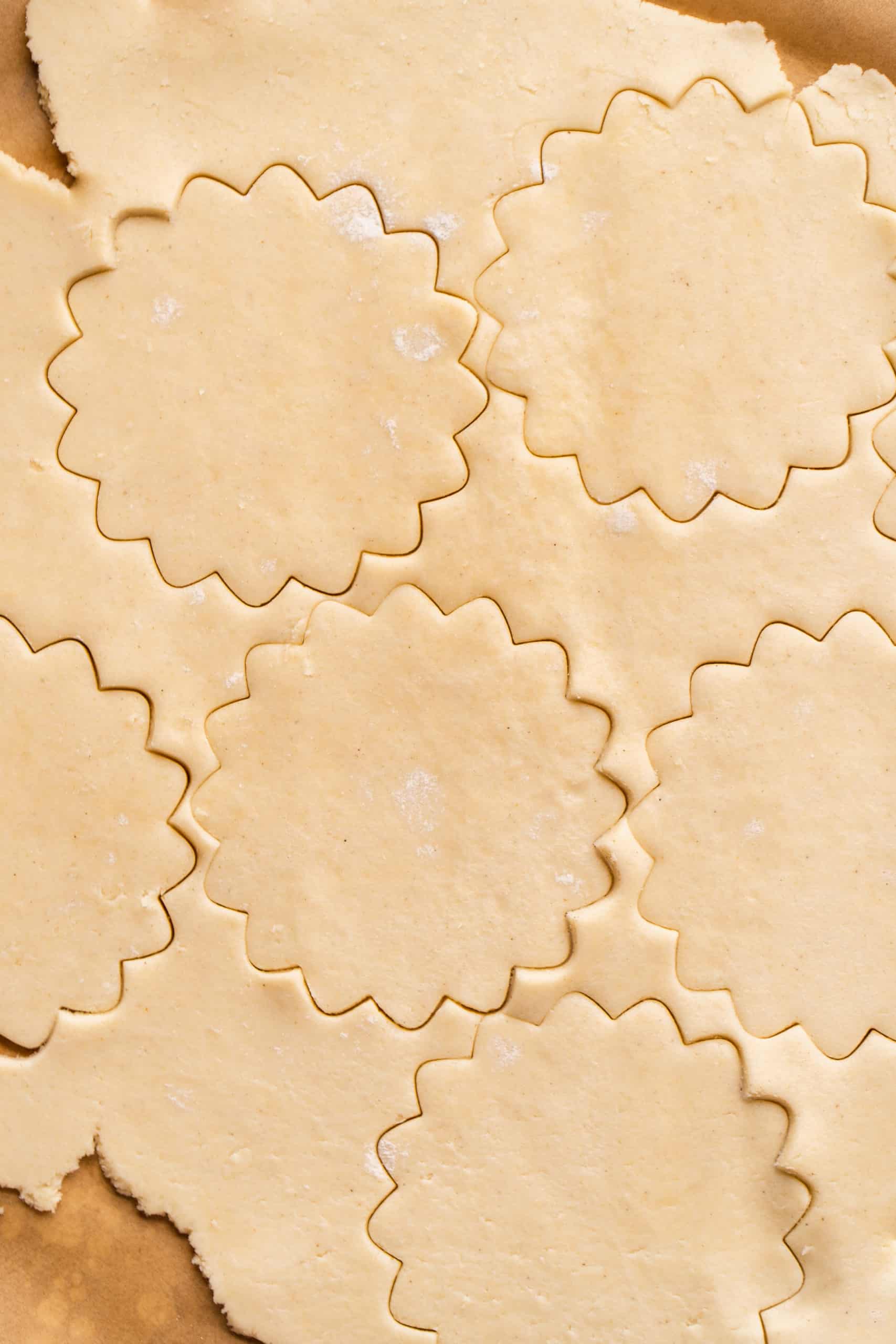 Pie dough rolled out with a scolloped cookie cutter cutting shapes.