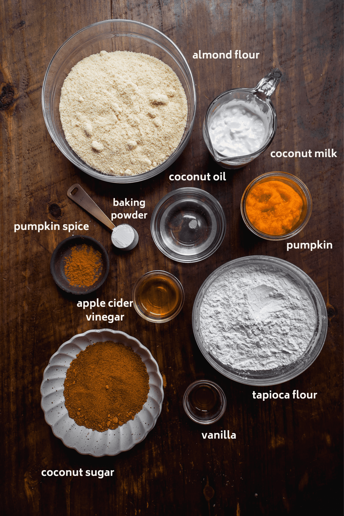 Pumpkin cinnamon roll ingredients on a wooden surface with labels in white.