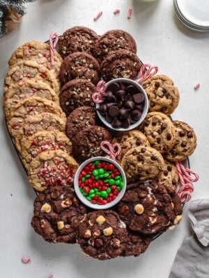 Christmas cookie platter on a white surface.