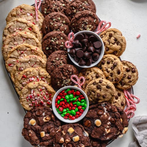 Christmas cookie platter on a white surface.