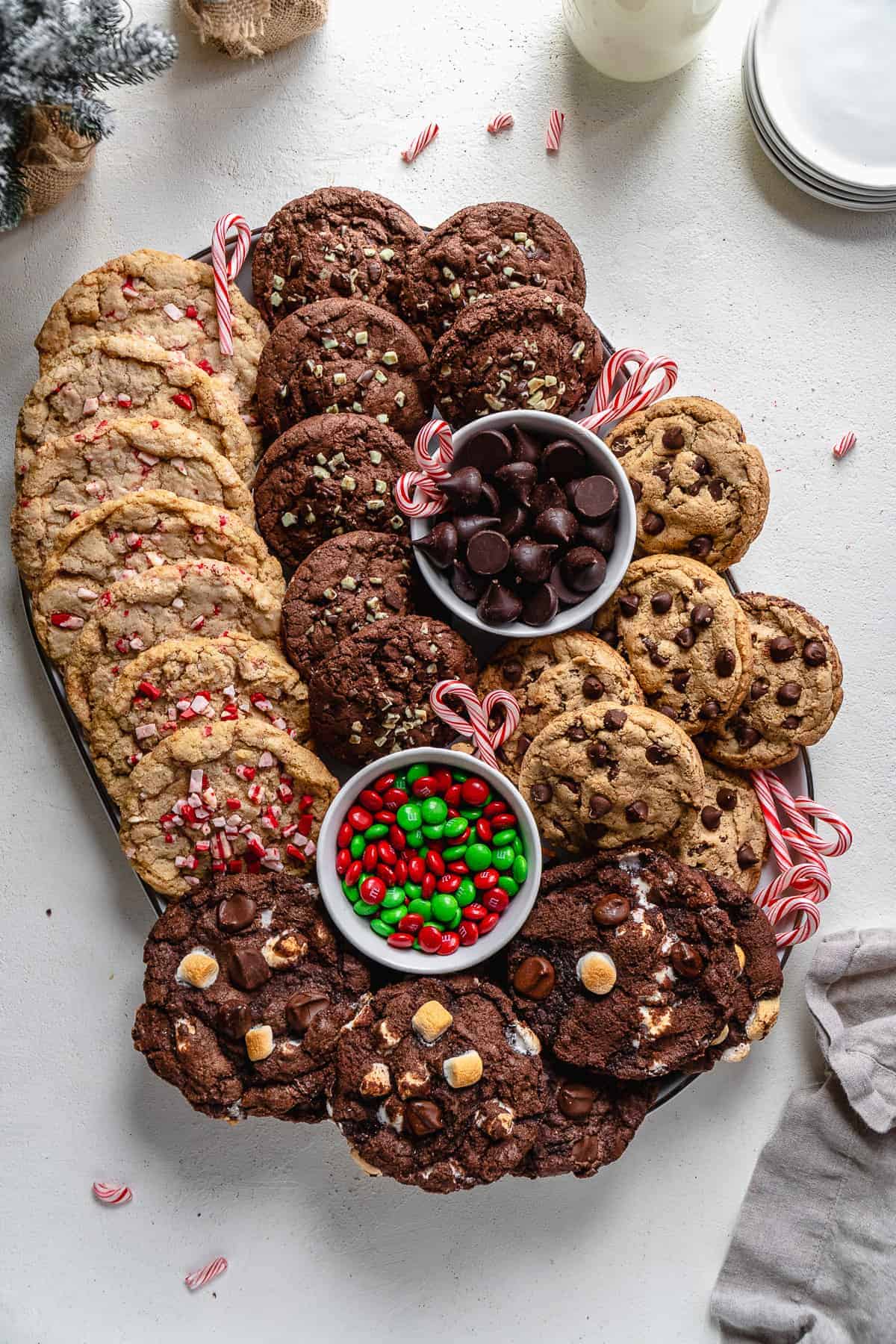 Christmas cookie platter on a white surface.