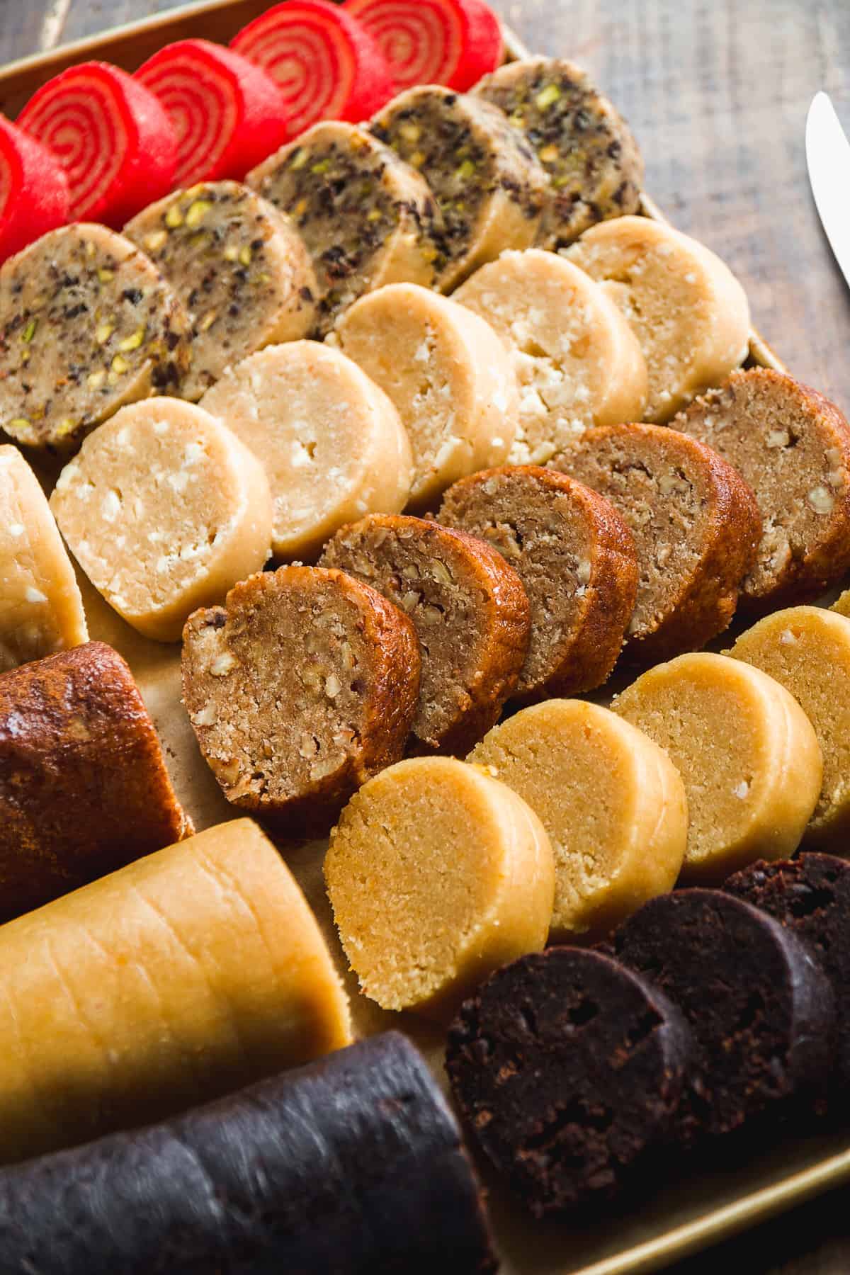 Slice and bake cookies cut into cookies on a tray.