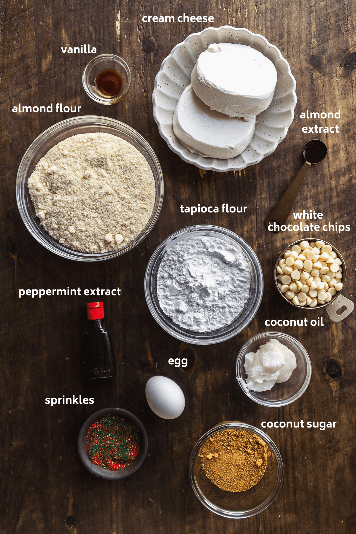 Sugar cookie pie ingredients on a wooden surface with labels in white.