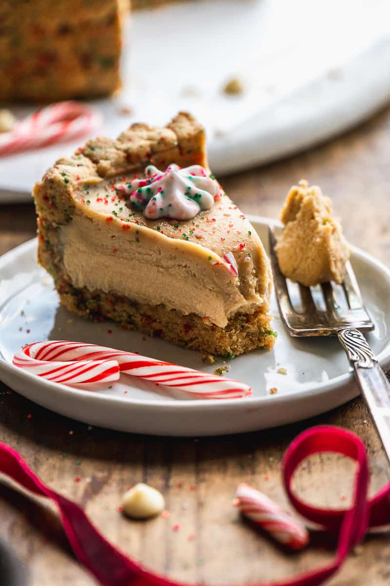 Sugar cookie candy cane pie with a bite taken out.
