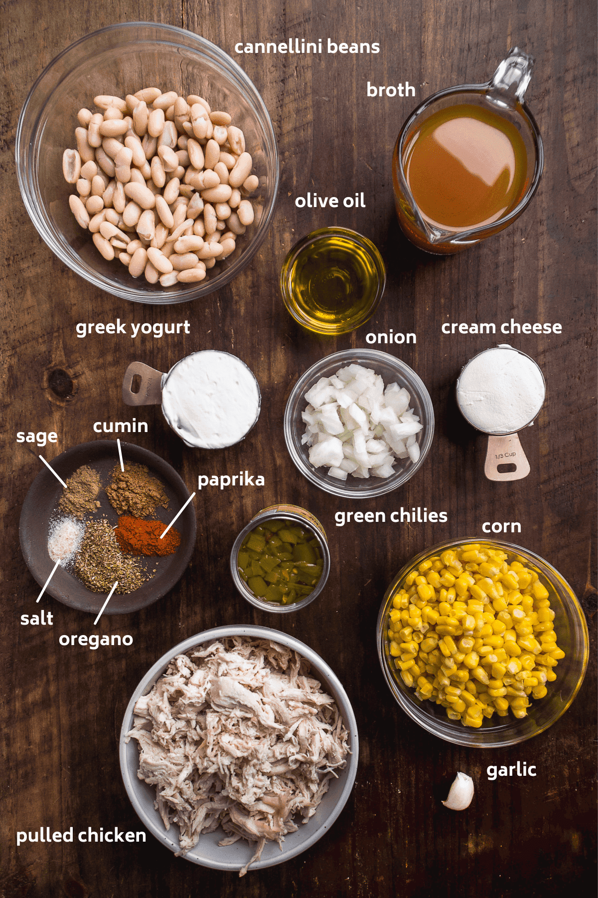 Stovetop chili ingredients on a wooden surface.