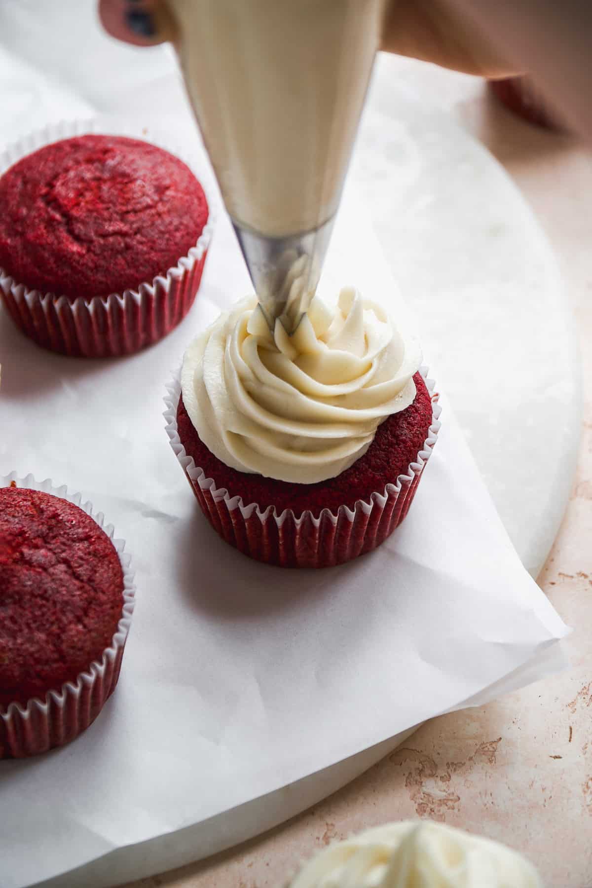 Person pipping cream cheese frosting on top of red velvet cupcakes.