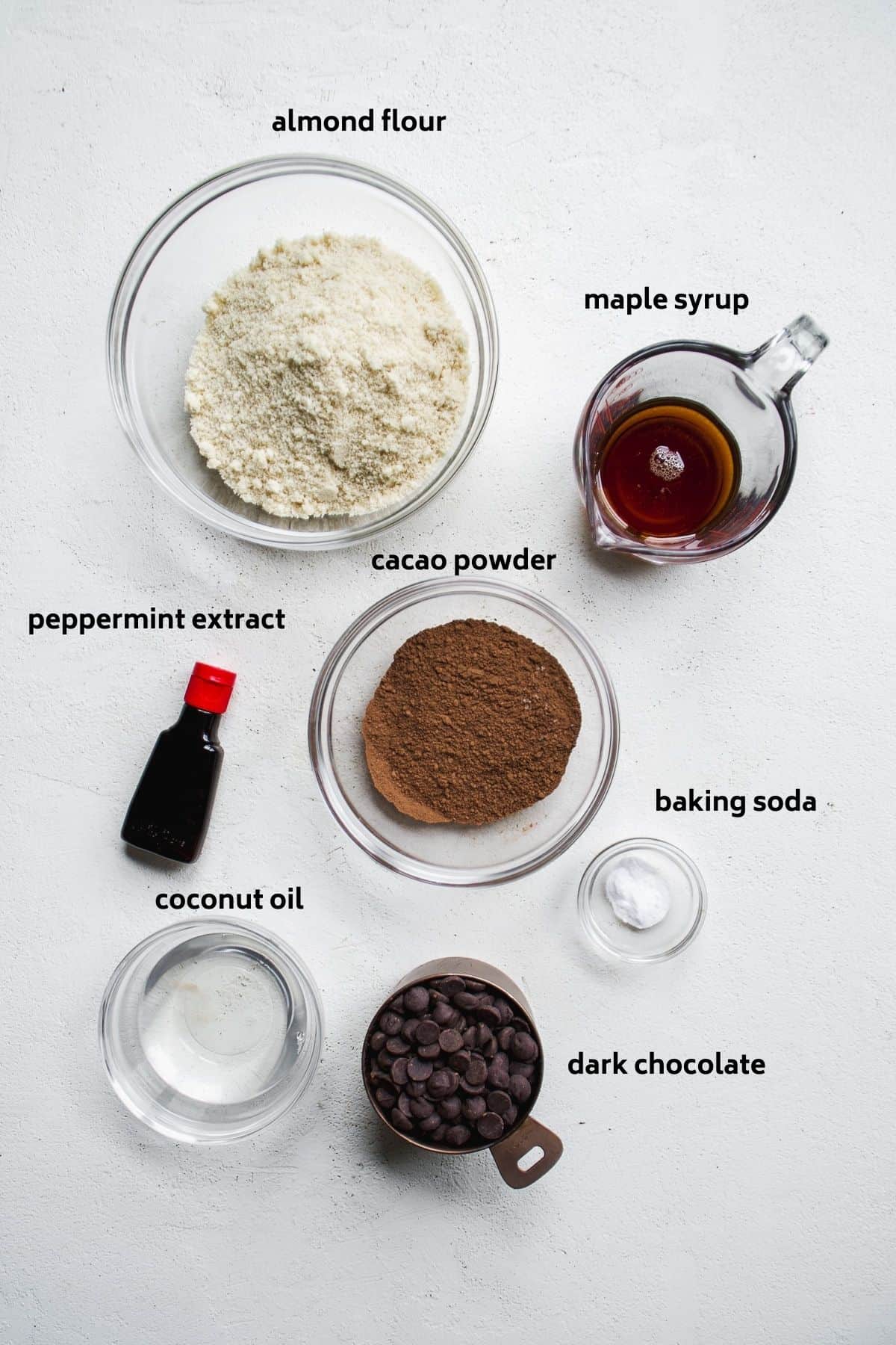 Thin mint ingredients on a white surface with labels in black.