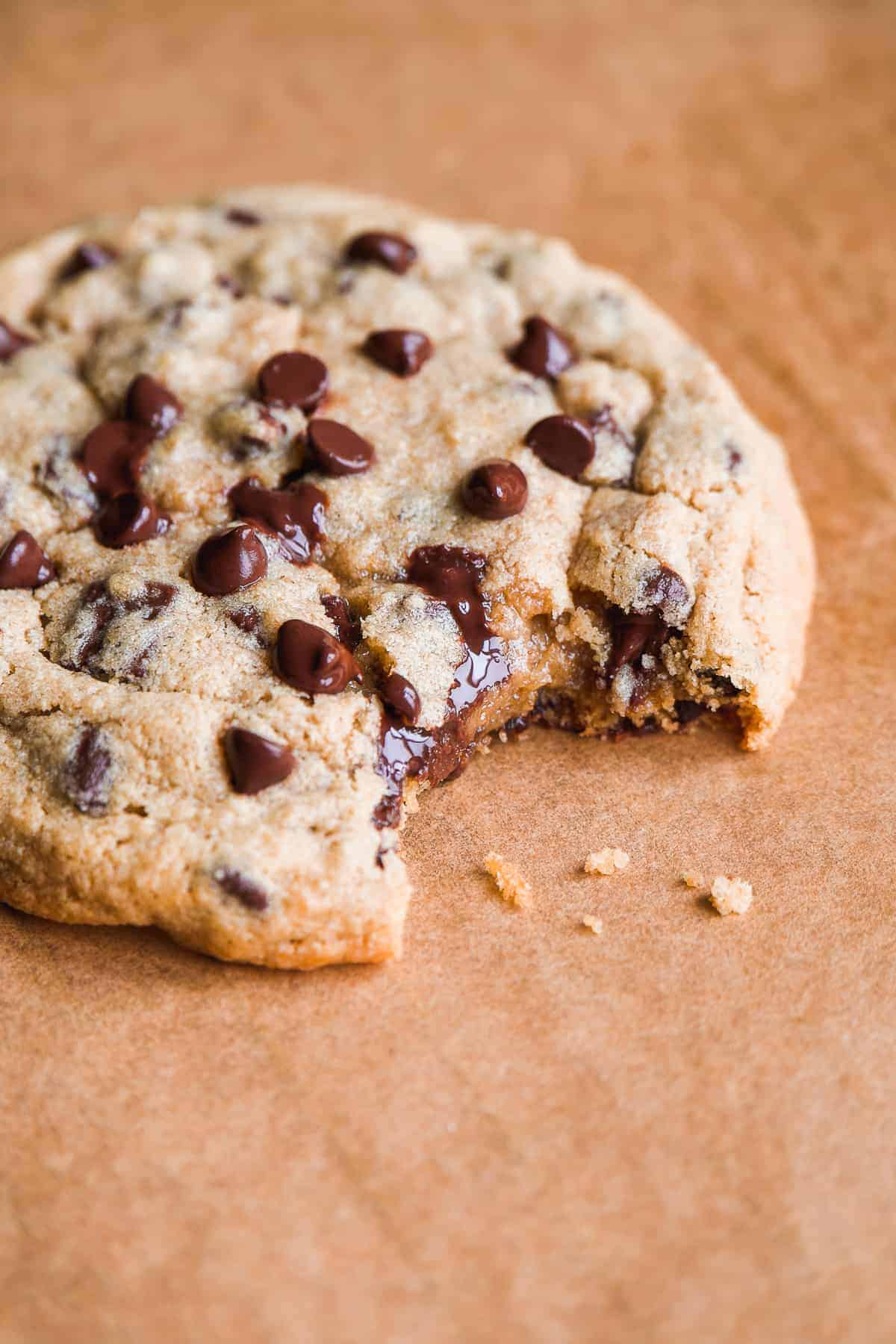 Up close image of an oat flour cookie with a bite taken out of it.