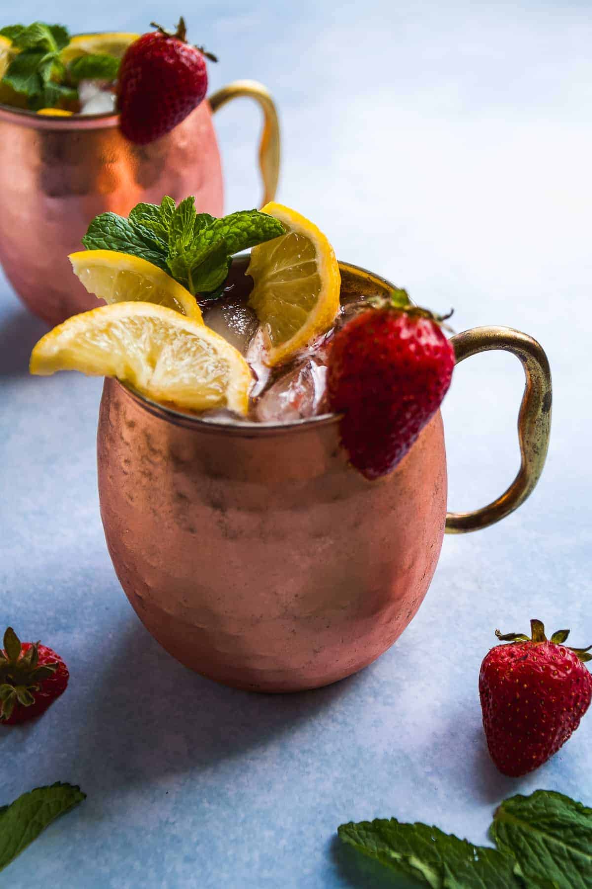 Side view of a copper mug with a Kentucky mule drink.