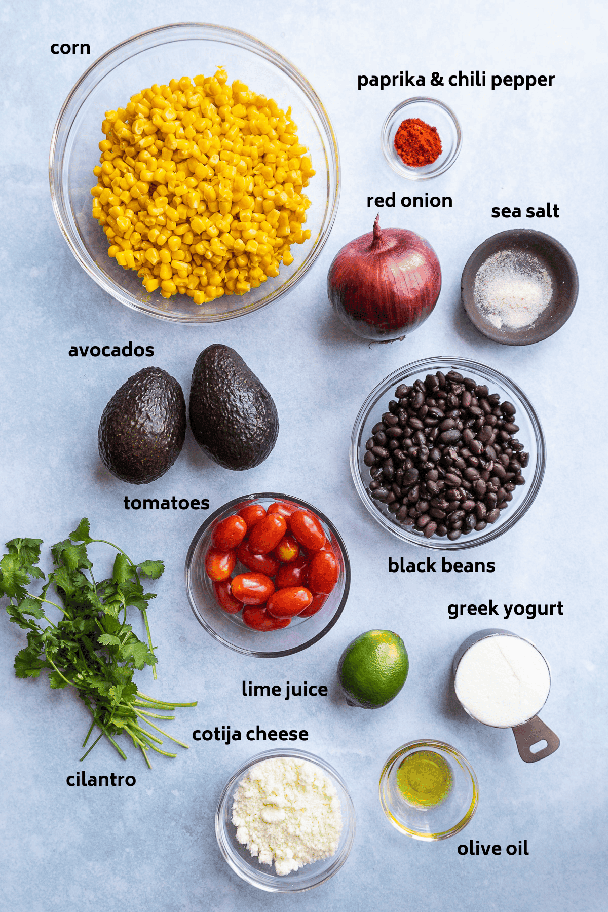 Avocado corn salad ingredients on a blue surface with labels in black.