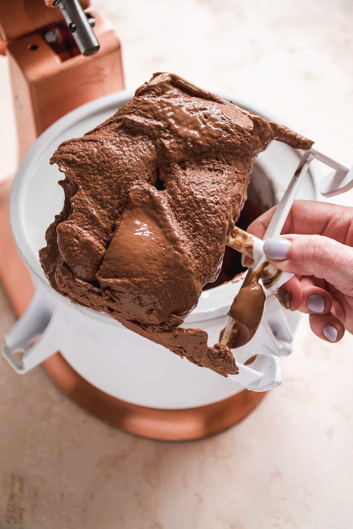 Person holding up a paddle attachment with frozen chocolate yogurt.