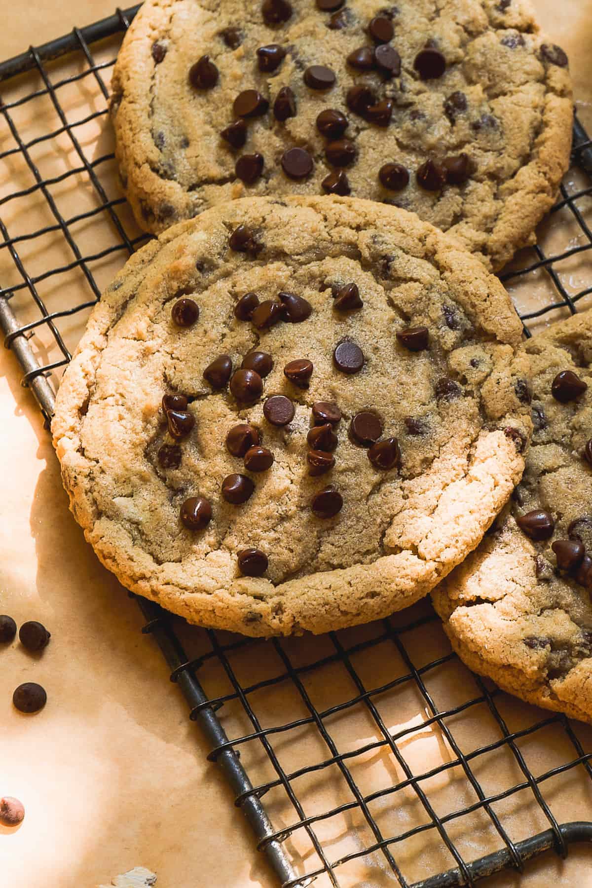 Oat flour chocolate chip cookies scattered on a wire rack.