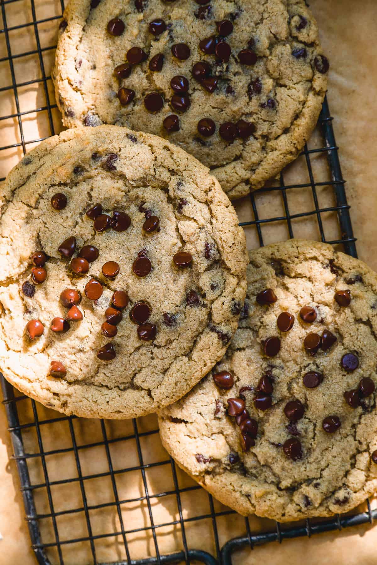 Overhead view of oatmeal chocolate chip cookies on a wire rack.