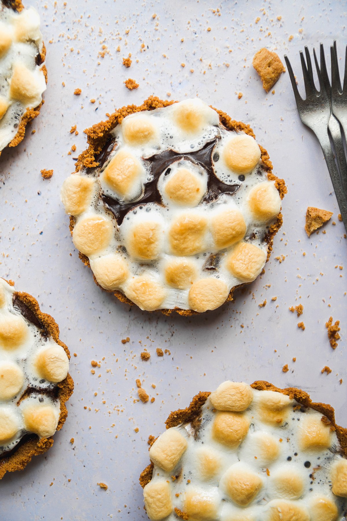 Miniature s'more pie on a light surface with toasted marshmallows on top.