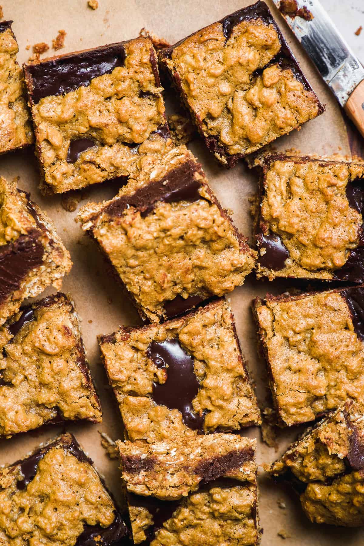 Oatmeal fudge bars scattered on brown paper.