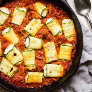Cast iron skillet with zucchini involtini.