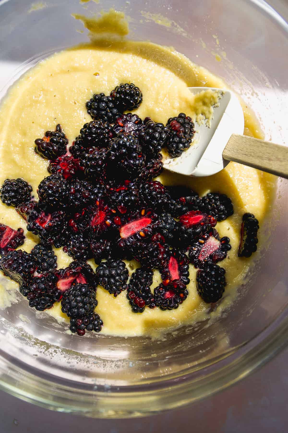 Blackberries about to be mixed into muffin batter.