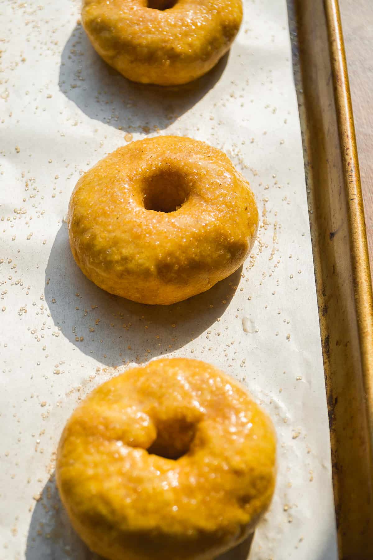 Pumpkin bagels with cinnamon sugar about to be baked on a pan.