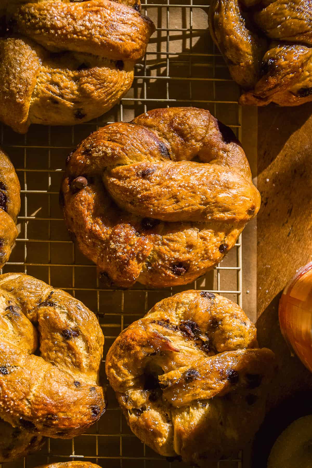 Soft pumpkin pretzels with chocolate chips.