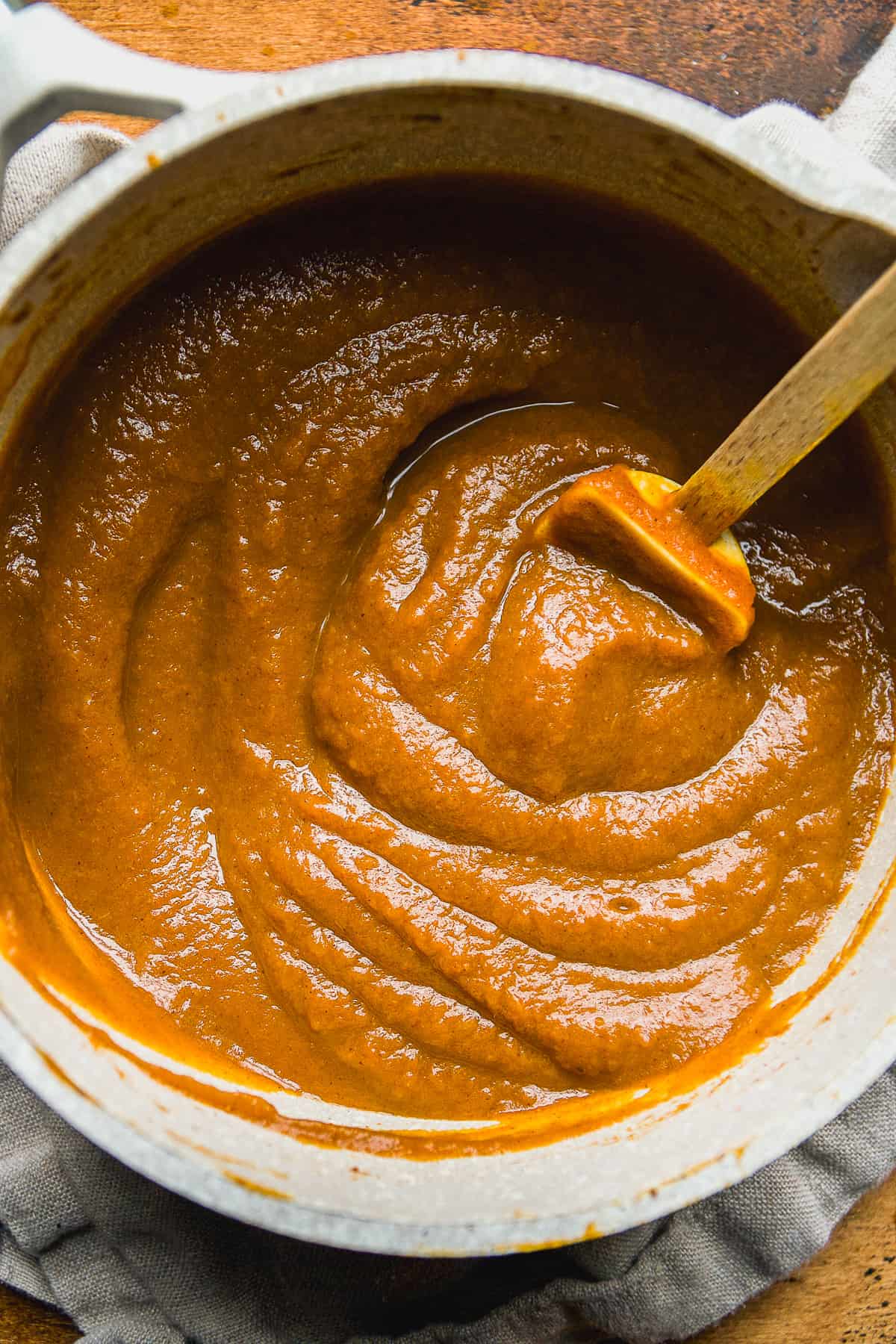 Overhead view of pumpkin butter in a pot.