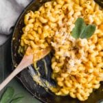Pumpkin pasta in a cast iron skillet.