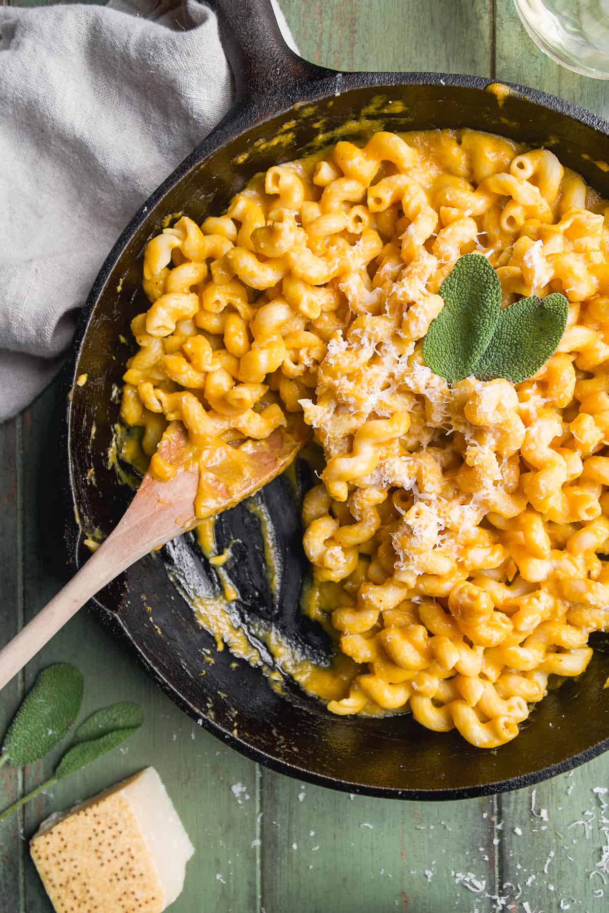 Pumpkin pasta in a cast iron skillet.