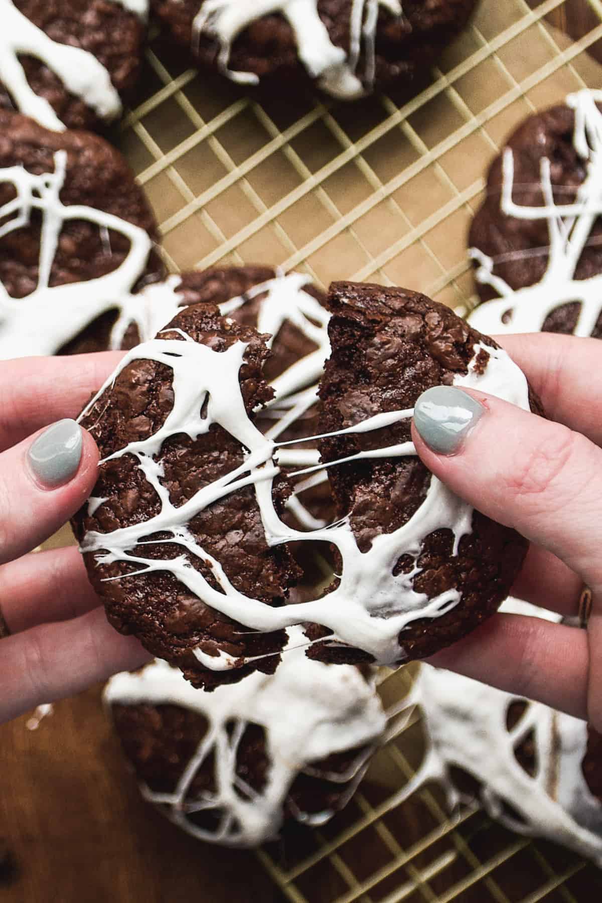Person pulling a part a chocolate spider web cookie.