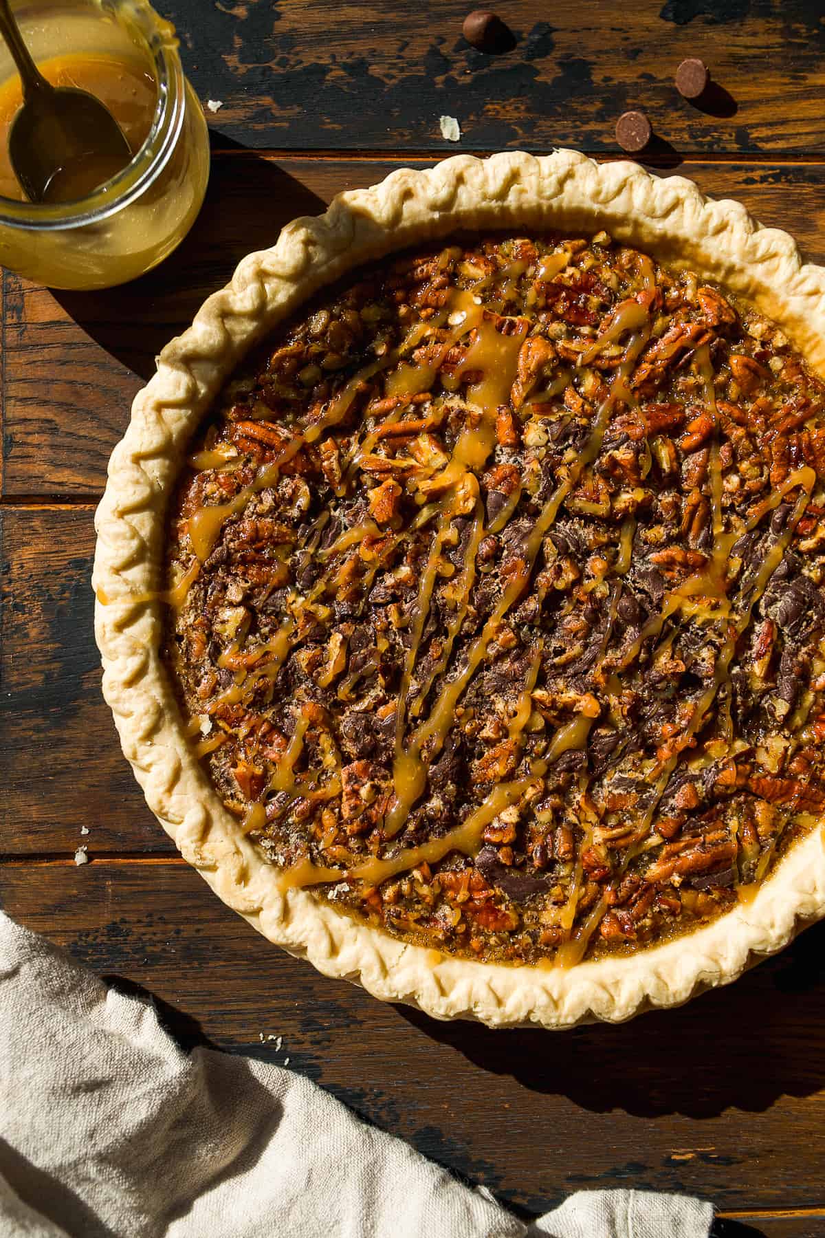 Turtle pie with caramel drizzled on top.