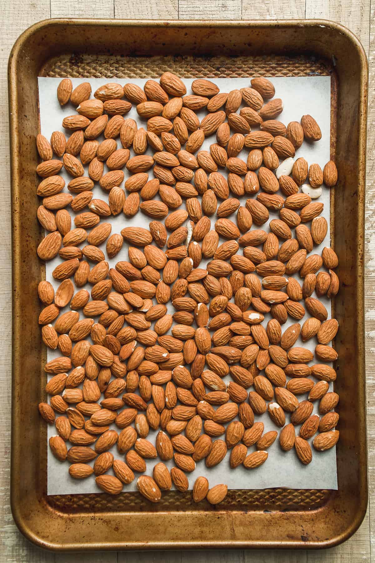 Almonds about to be roasted in the oven.