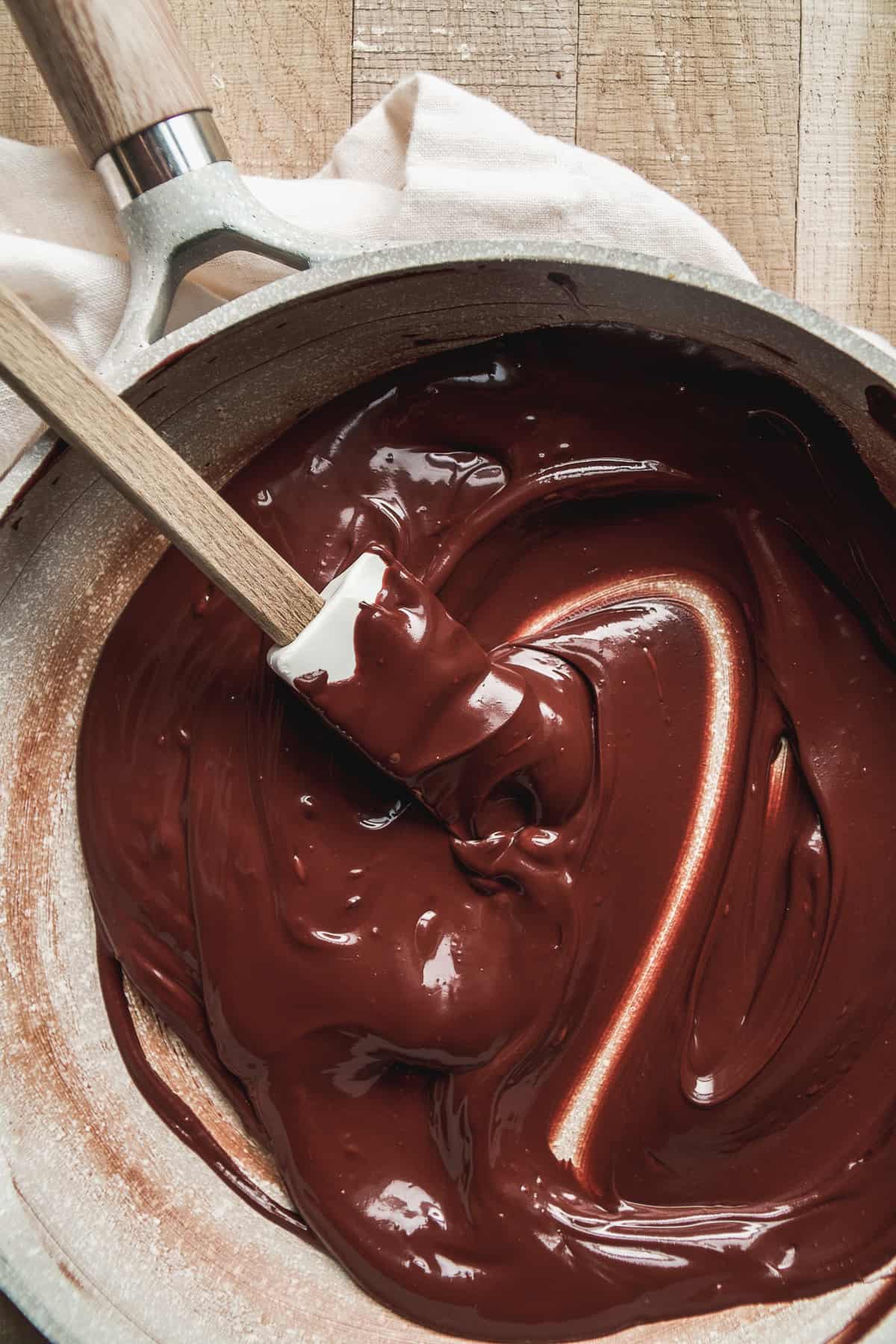 Melted chocolate in a skillet.