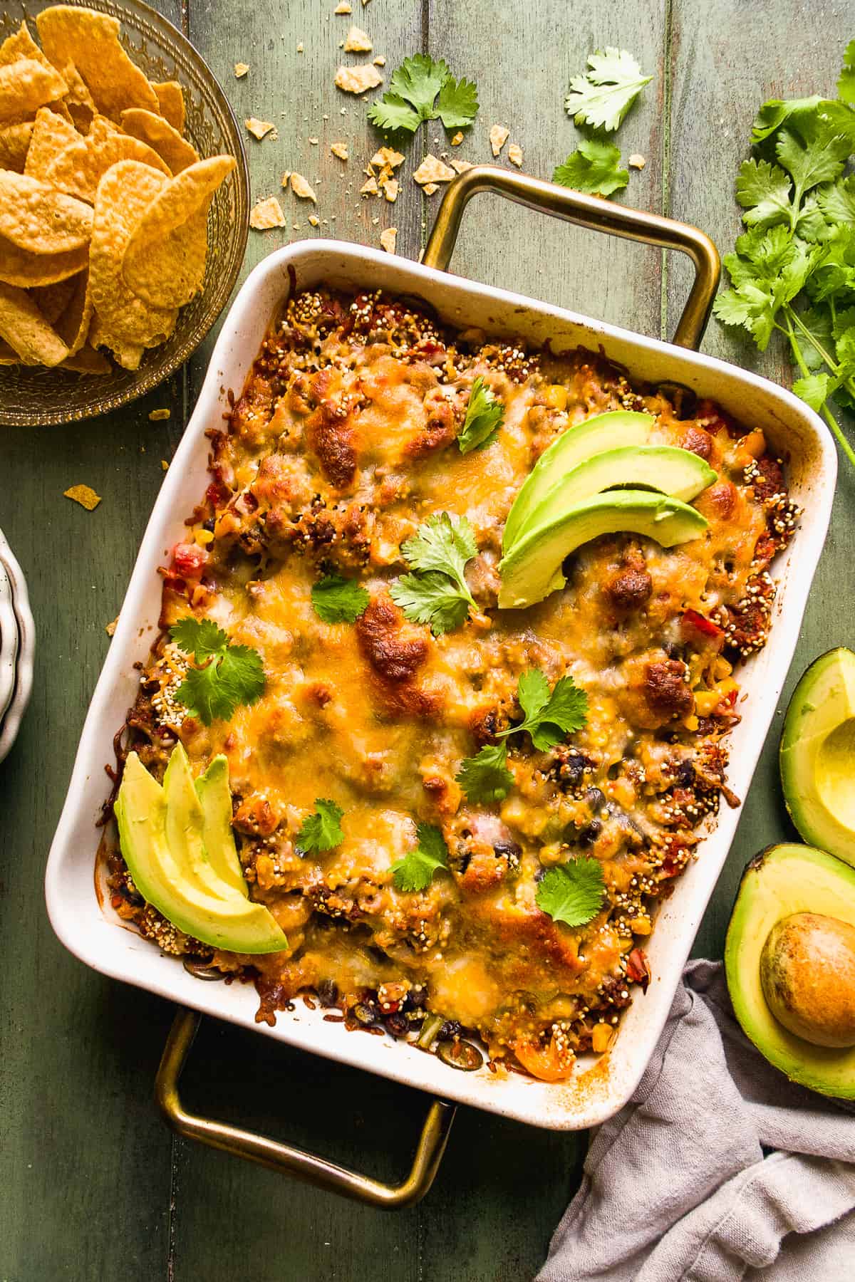 Taco casserole with cheese and avocado baked.
