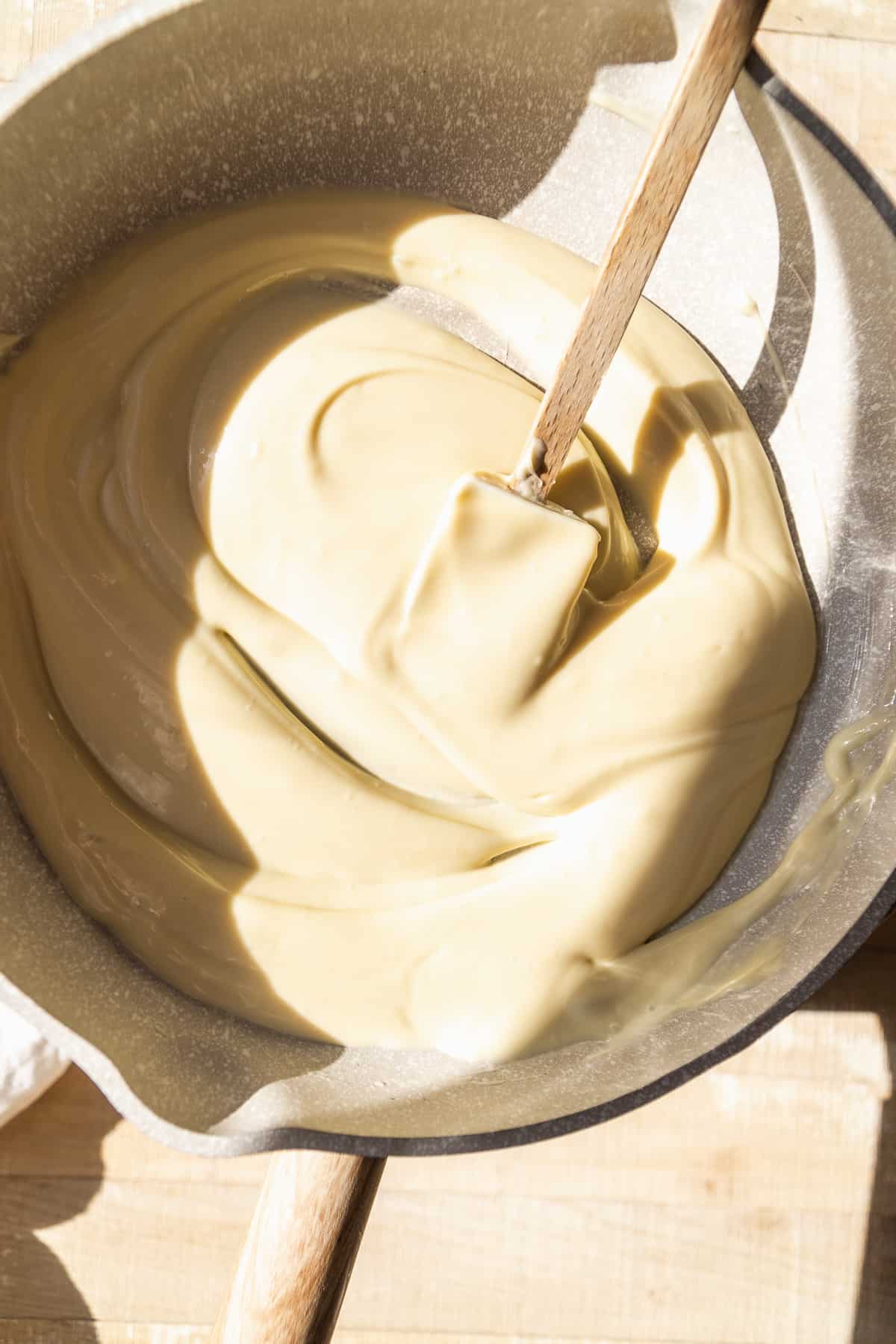 White chocolate melted in a skillet.